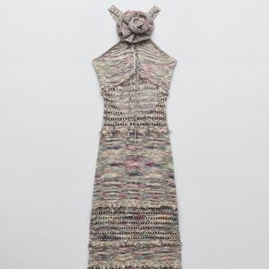 NEW ZARA MULTICOLOUR KNIT FRAYED CROCHET LONG DRESS SIZE L RARE